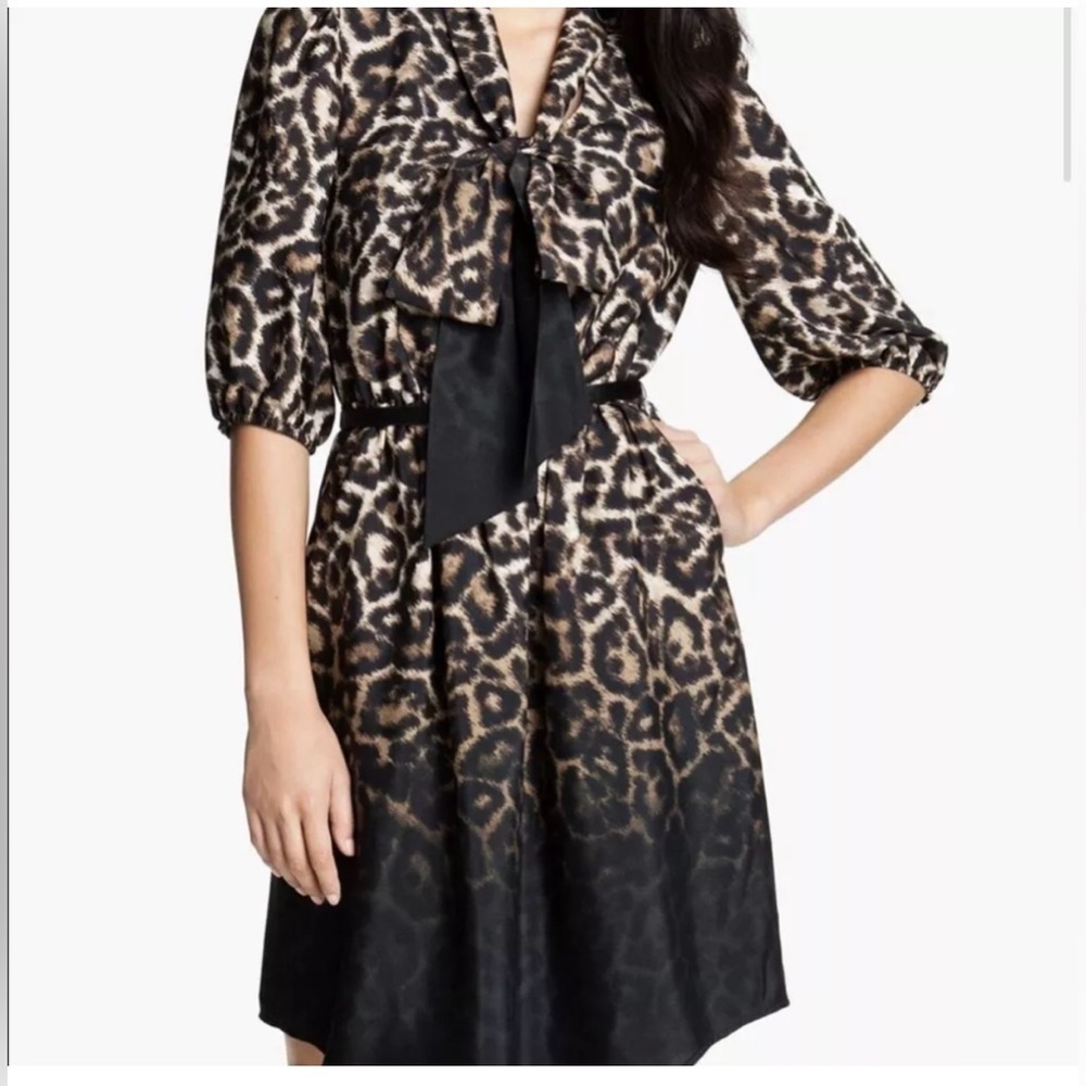 Vince Camuto Leopard Print Ombre Tie Front Midi Shirt Dress Career Party Size 6